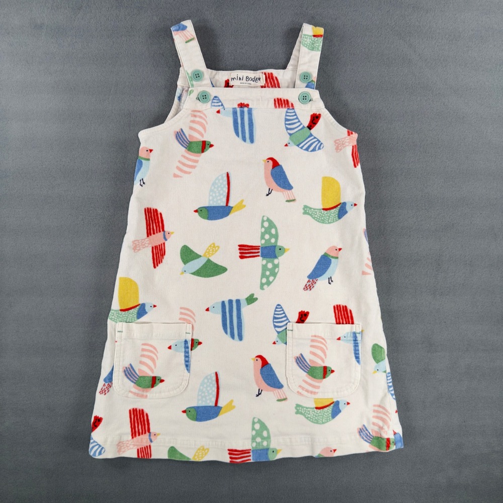 Mini Boden Girls Bird Print Corduroy Pinafore Dress White Multi Color 6-7Y